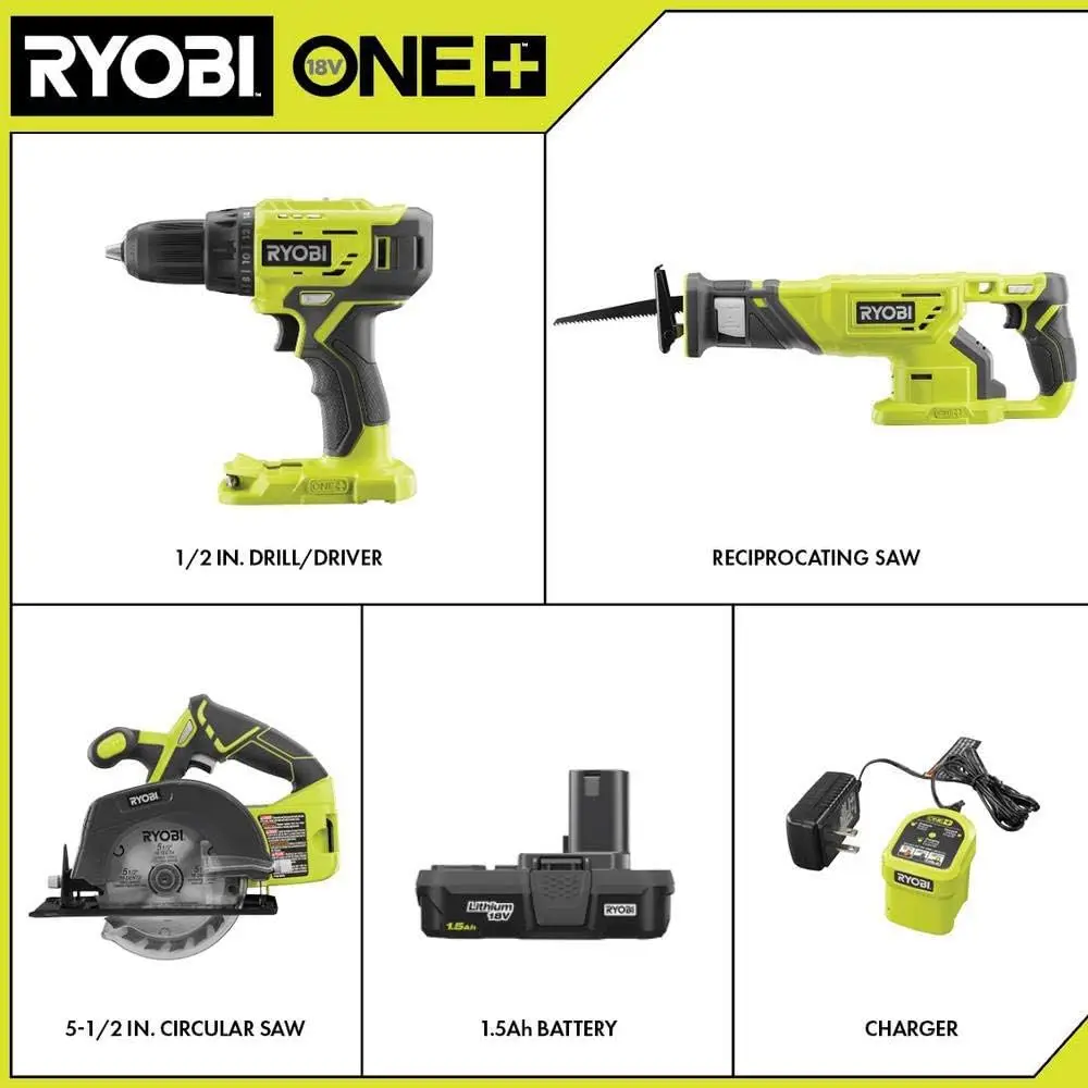 Ryobi 18V ONE+ Lithium-Ion Cordless 3-Tool Combo Kit with (1) 1.5 Ah Battery and Charger