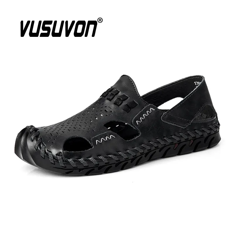 Men Fashion Summer New Casual Sandals Genuine Leather Adult Thick-Soled Beach Shoes Non-slip Keep Toe Black Flats