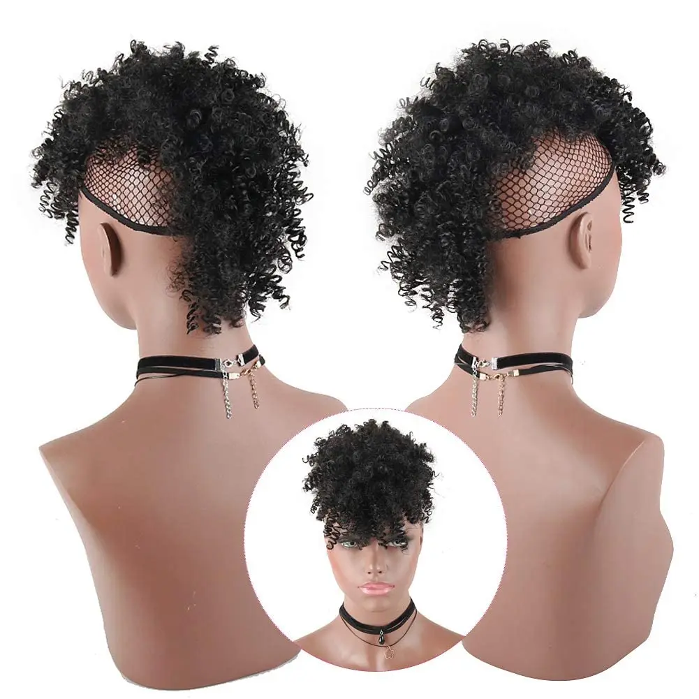 Synthetic Puff Afro Ponytail with Bangs Short Kinky Curly Ponytail Extension Mohawk Ponytail Wrap Updo Clip in Hair Extensions