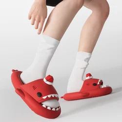 Funny Christmas Party Shark Slippers For Women Men Cute DIY Red Hat House Shoes Soft EVA Thick Sole Couples Indoor Street Slide