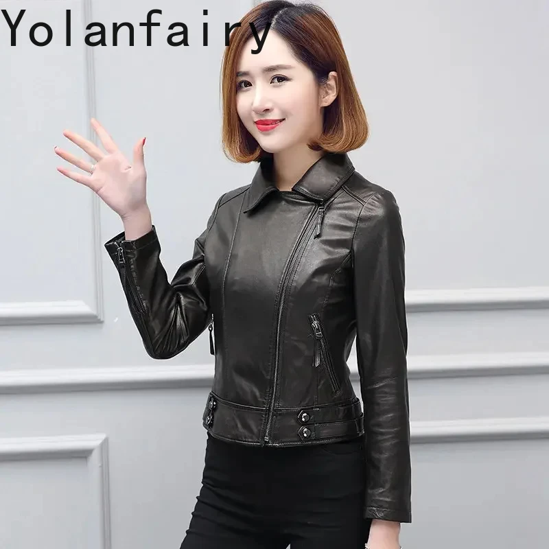 Genuine Sheepskin Leather Jacket Women Short Slim Real Leather Coat Women's Clothing Black Leather Jackets New Biker Streetwear