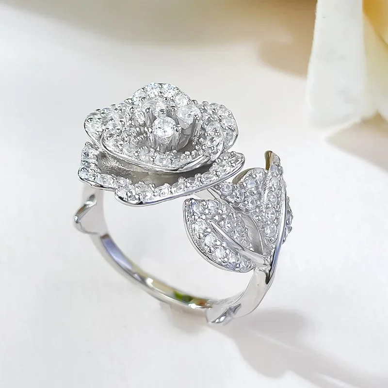 Camellia Ring With High Carbon Diamond 100% Real 925 Sterling Silver Engagement Wedding Band Rings for Women Bridal Jewelry Gift