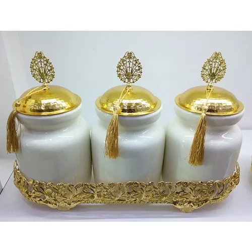 Evvehediyelikeşya 3'lü Ceramic Cream Gold Standing Baharatlık Takımı Spice Set