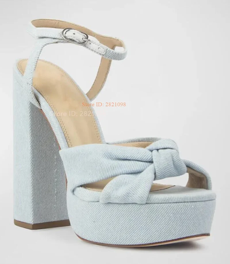 Women's Light Blue Denim Knot Platform Sandals Chunky Heeled Ankle Strap Sandals High Heels Open Toe Sandals Party Dress Pumps