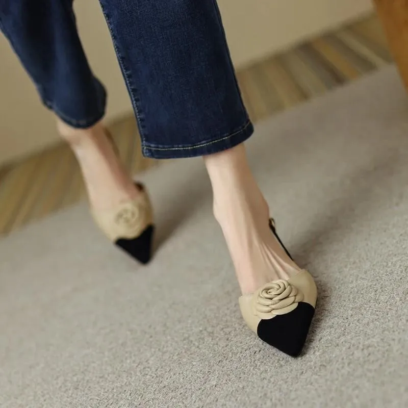 Dilalula Summer Genuine Leather Covered Toe Flower Sandals Ladies Sweet Low Thick Heels Elegant Flower Mixed Color Dress Shoes