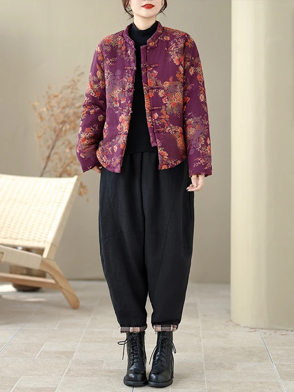 Feminino Thiened algodão jaet outerwear inverno tradicional chinês hanfu sle solto ajuste longo sve impresso planta floral