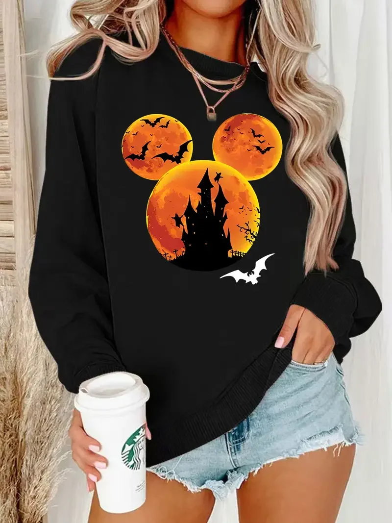 Womens Halloween Mickey Pumpkin Print Sweatshirt Long Sleeve Casual Crew Neck Sweatshirts Women clothing Fall/Winter Collection