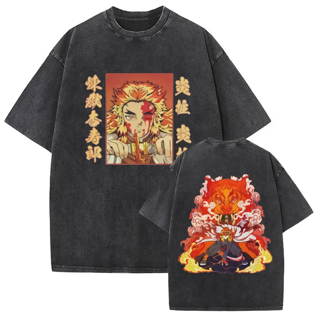 Washed Vintage Anime Demon Slayer T-shirt Hashibira Inosuke Graphic T-shirts Men Women Clothing Fashion Casual Oversized T Shirt