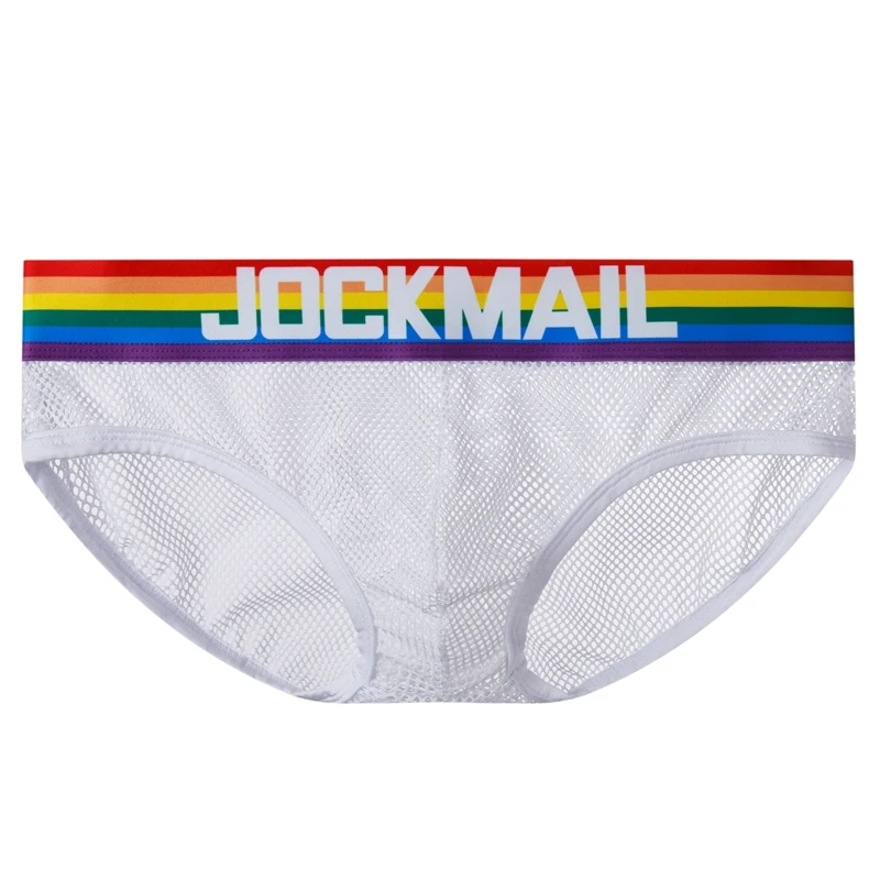 JOCKMAIL Men Briefs Underwear Sexy Breathable Rainbow stripes Underpants Nylon mesh hole fun Jockstrap Cueca Gay Male Panties