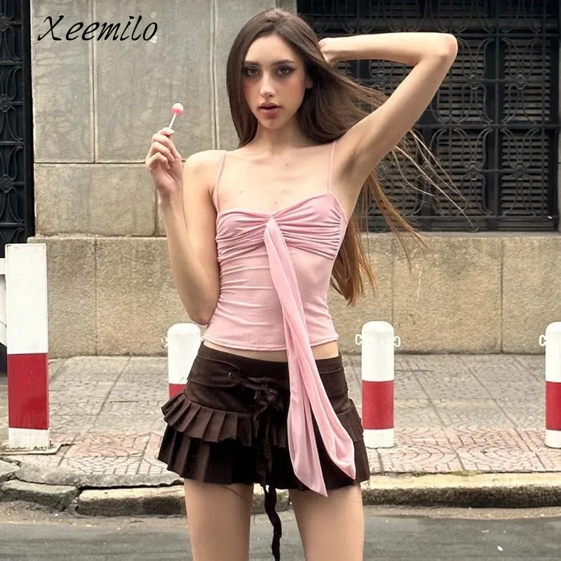 

Xeemilo Sexy Summer New T-shirt Y2K Casual Aesthetic Strap Top 2024 Versatile Fashion Sweet Tank Top High Street Party