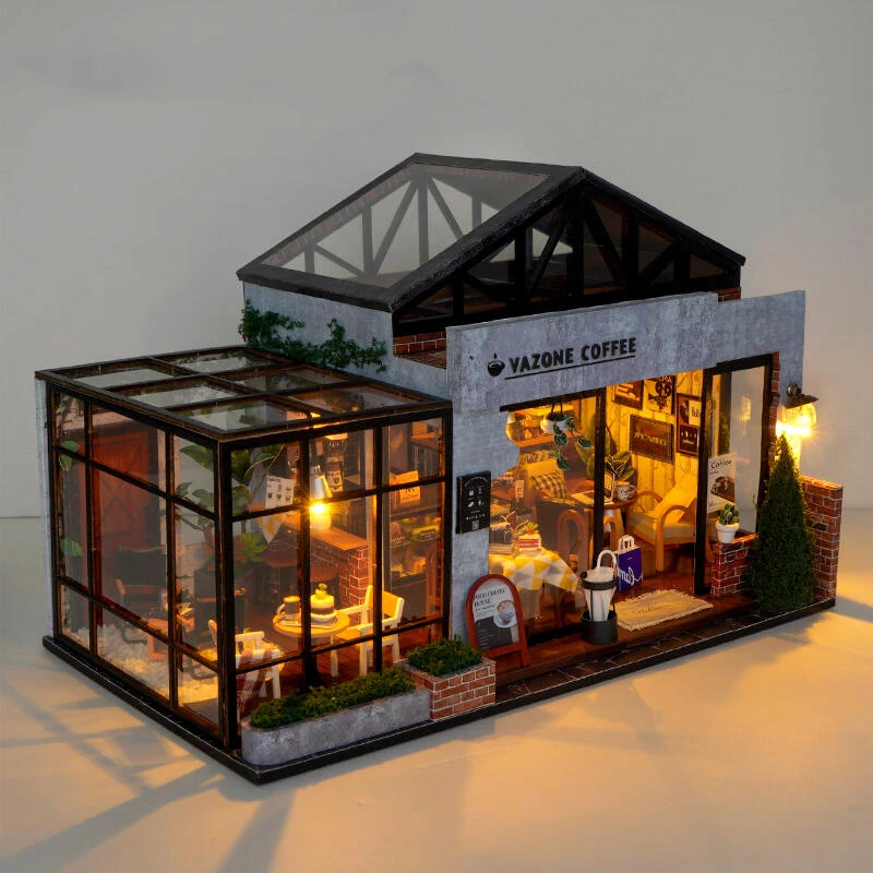 DIY Wooden Miniature Model Kits Retro Coffee Shop Cottage 3D Puzzle Dollhouse With Furniture for Friends Birthday Gifts