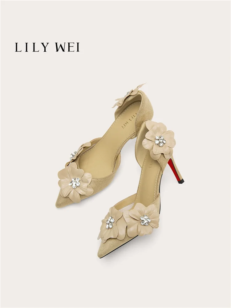 

Spring/Summer New Pointed Suede Water Diamond Flower Sandals Banquet Large Size Small Size Stiletto High Heels Women's Shoes