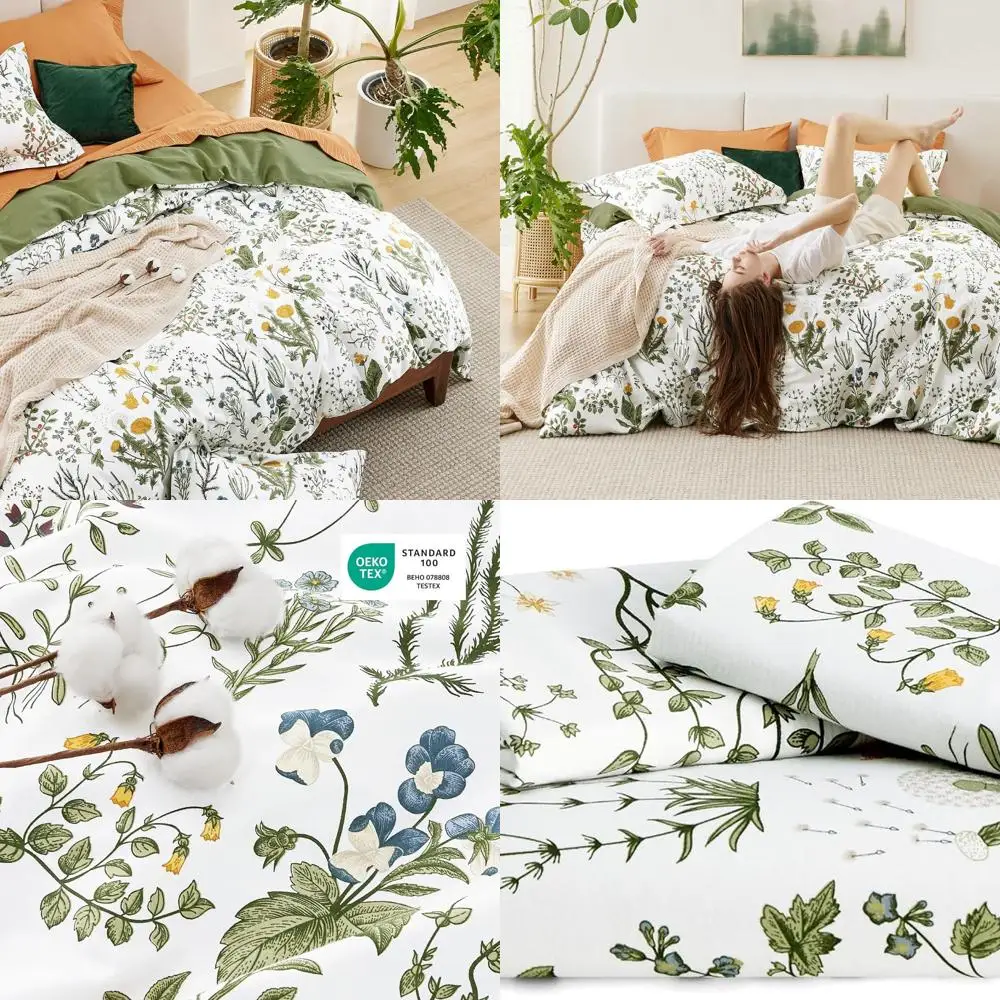 

Duvet Cover King Size - 100% Cotton Reversible Floral King Duvet Cover Set with Zipper Closure, 3 Pieces Soft & Breathable Green