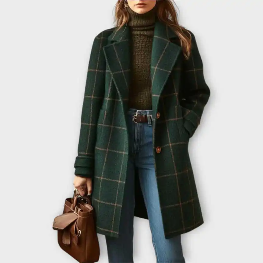 Classic Windowpane Women Mid Length Coat Notch Lapel Single Breasted Outerwear Casual Outfit For Autumn Winter Daily Customized