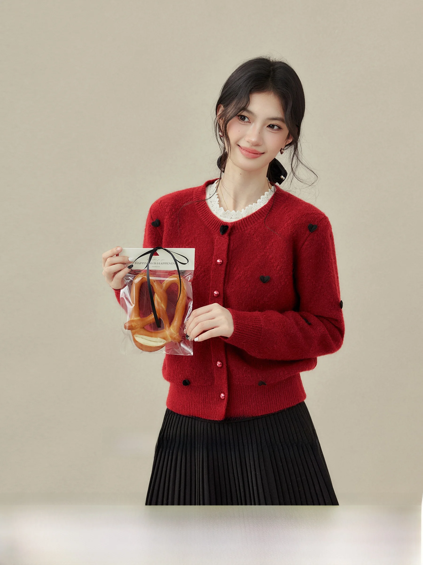 

Red Long Sve Knitted Open Cardigan Outerwear plus Size New Arrival Women's Commute Sle Knitwear Heart Pattern Single Button