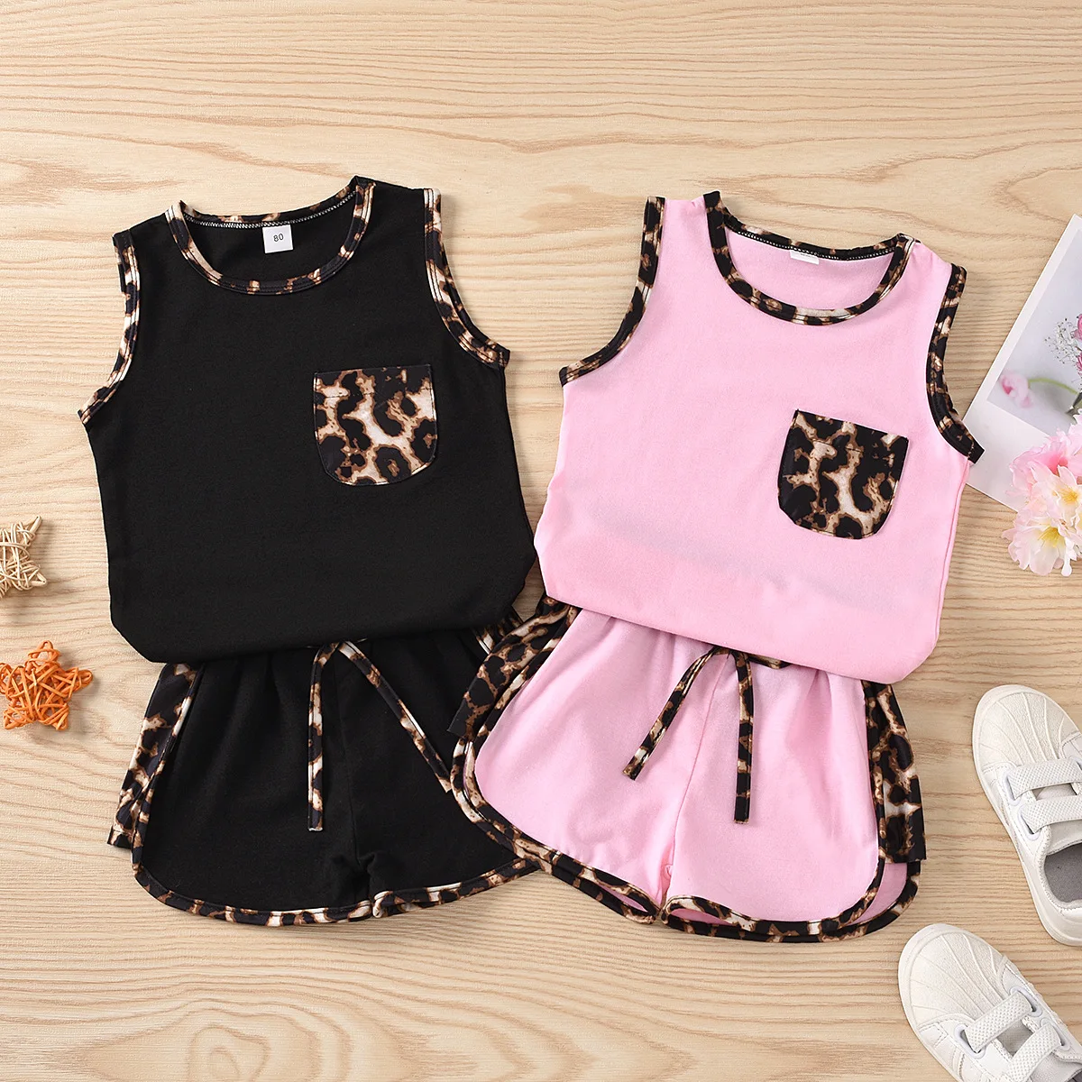 

2025 new in kids baby girls fashion clothing set 2pcs children sleeveless leopard top vest+shorts toddler clothes 1-6Y