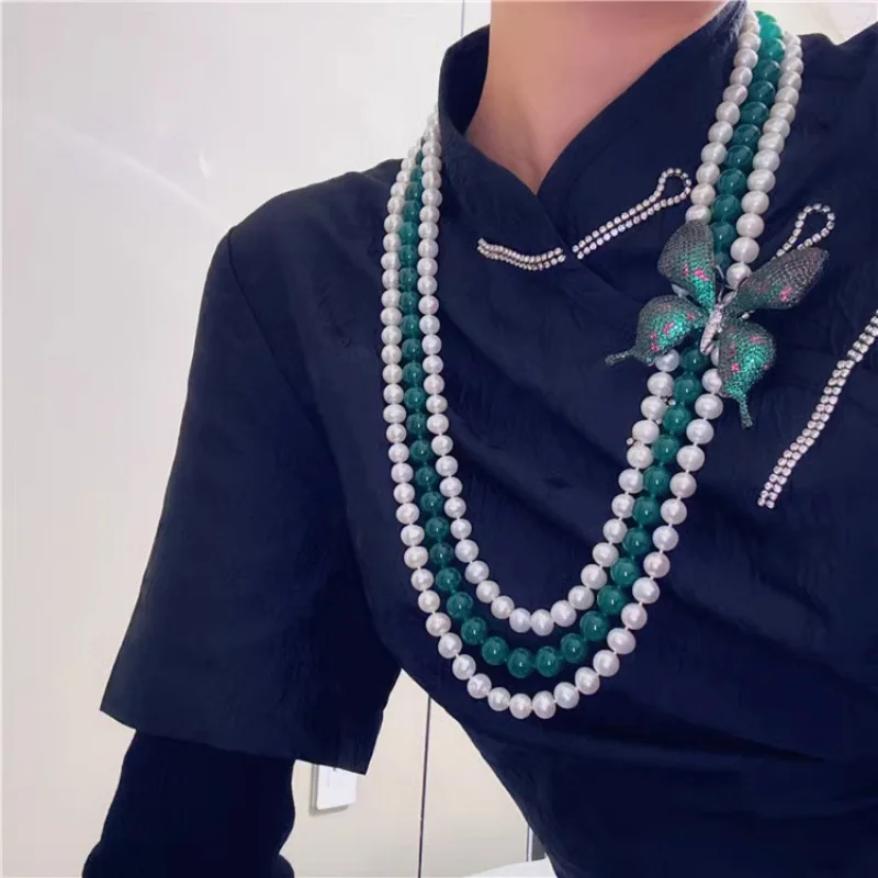 3rows  freshwater pearl white near round 7-8mm &green jade round necklace 80cm