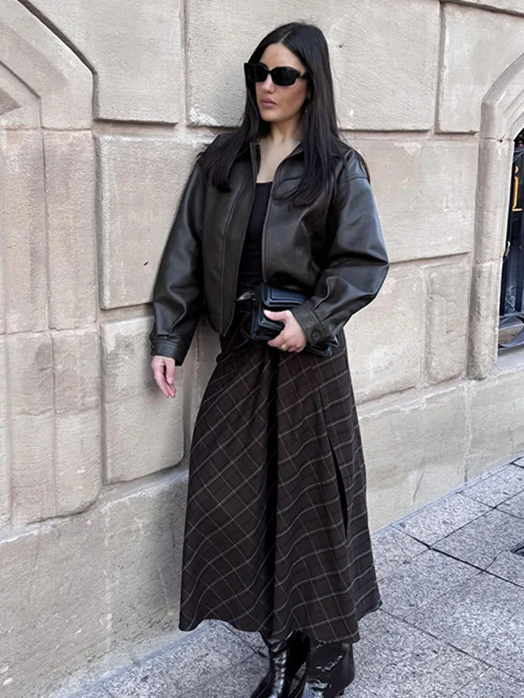 HH Women New Fashion Vintage Versatile Zipper Pleated Plaid Skirt Female Mid Waist High Street Casual Slit Hem Long Skirt Mujer