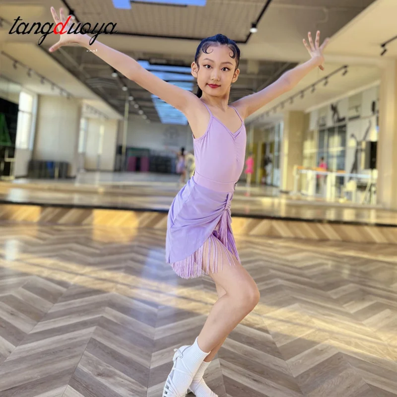New Child Latin Dance Costume Set for Grils Summer Strap Tops Tassel Short Tassel Skirt Suit Cha Cha Practice Set Clothes