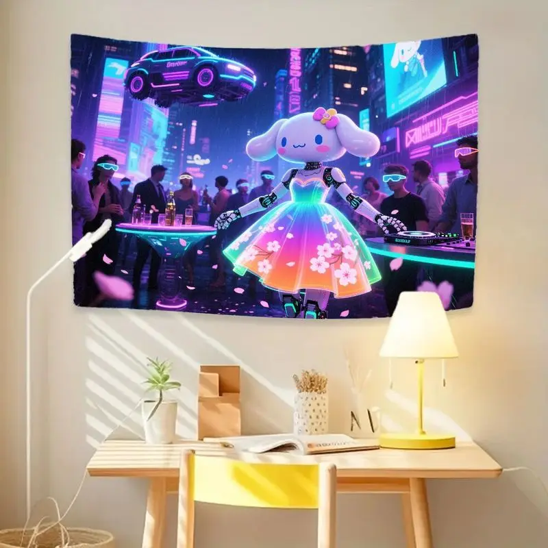 1PC 카와이 로봇 DJ 개 태피스트리 사이버펑크 네온 레이브 벽 예술 미래지향적인 도시 장식 게이머를 위한 아름답고 생생한 선물