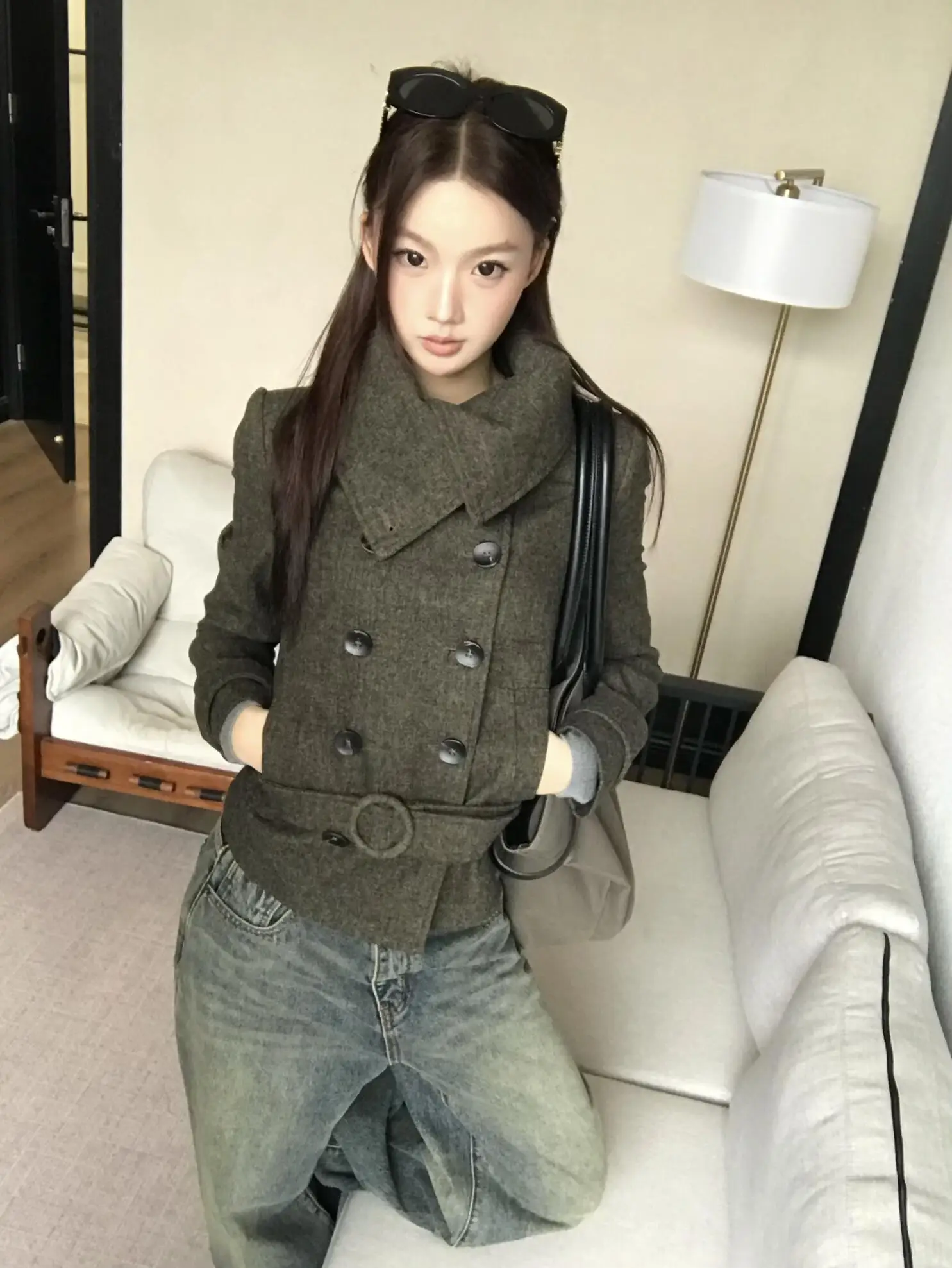 

Retro Deep Brown Woolen Jaet Women's ort Loose Slimming Top Double Breasted Coat for Autumn Winter Casual Faion