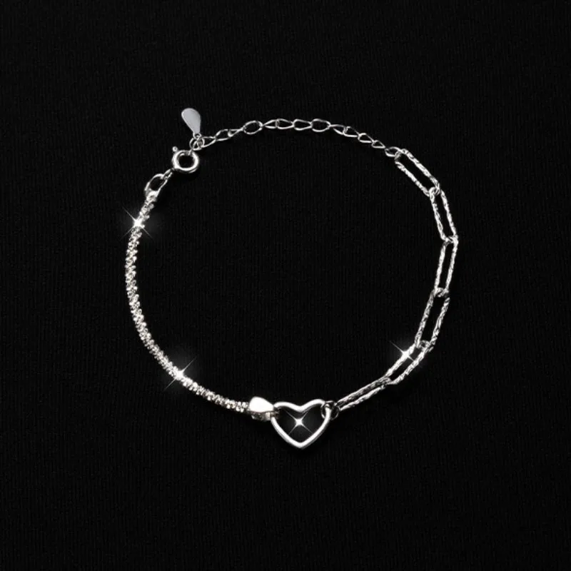 Shiny Fashion 925 Sterling Silver Asymmetric Chain Hollowed-out Heart-shaped Bracelet for Woman Girl Spliced Chain Jewelry Gifts