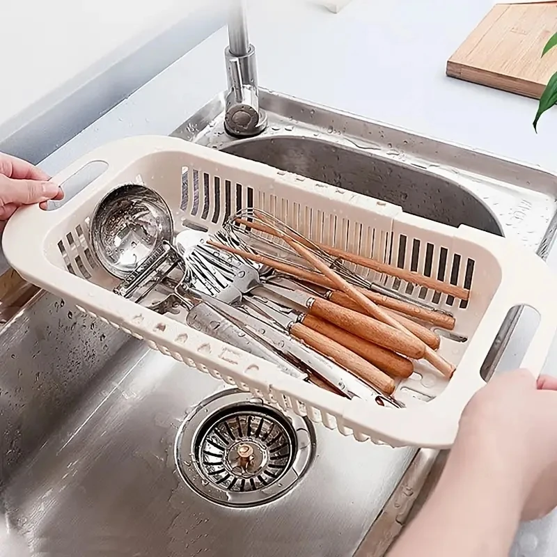 1pcThickened Retractable Sink Drain Rack, Plastic Dish Chopsticks Rack, Household Kitchen Vegetable Storage Rack, Drain Basket