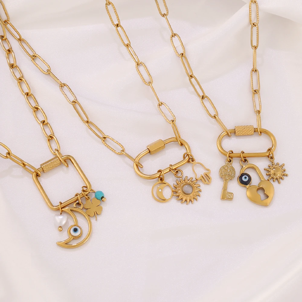 316L الفولاذ المقاوم للصدأ المشبك قلادة قلادة للنساء الشمس القمر الفيروز القلب سلسلة بدلاية القلائد مجوهرات هدية