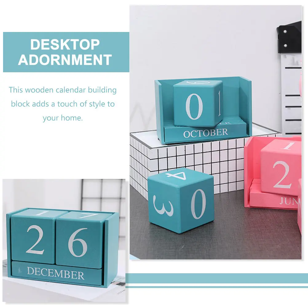 Perpetual Wooden Block Calendar No Year Printed Reusable Desktop Calendar for School Classroom Coffee Shop Home
