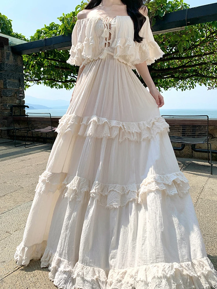 

New Summer Elegant Fashion Sweet Lace Ruffles Evening Long Dress For Women Sexy Slash Neck Casual Vacation Beach Dresses Female
