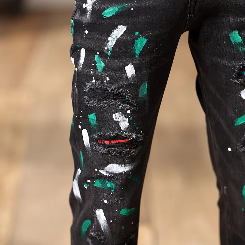 Graffiti Jeans Heren Streetfashion Street Fashion Zwarte Strakke Broek Trendy, Strakke, Volledig Bijpassende Gescheurde Broek