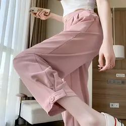 2024 Elegant Fashion Harajuku Slim Fit Female Clothes Loose Casual All Match Sports Pants Solid Pockets Button Wide Leg Pants