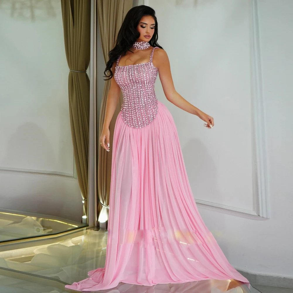 

Customized Rhinestone Pink Prom Dresses 2025 Spaghetti Strap Pleat Chiffon Evening Party Gown Temperament Vestido De Festa