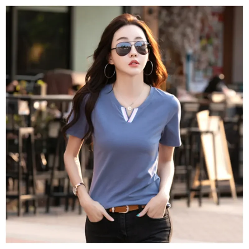 2025 جديد الكورية الصيف موضة الخامس الرقبة تي شيرتات قصيرة الاكمام للنساء أسفل قميص و طالب Y2k قميص حريمي للنساء