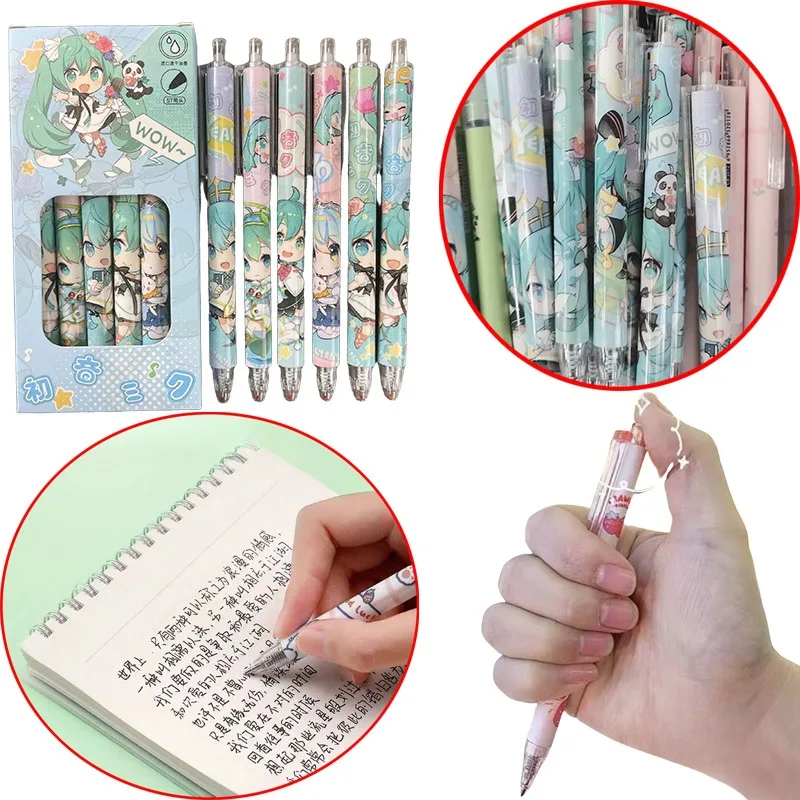 6pcs For Miku Anime Peripheral 0.5mm Black Neutral Pen Kawaii Creative Quick-drying Plastic Press Gel Pen Cartoon Peripheral Gif