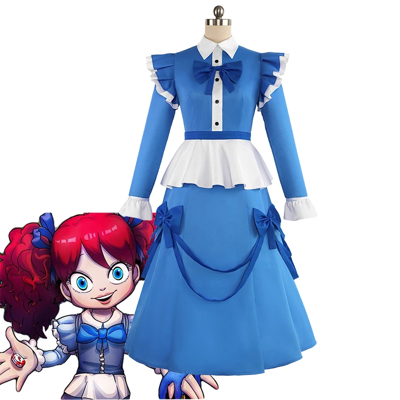 

Game Poppy Cosplay Scary Red Hair Girl Doll Costume Blue Lolita Maid Dress Playtime Halloween Carnival Party Outfit For Women