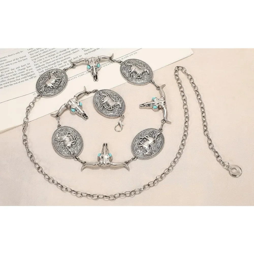 حزام كونشو معدني غربي للنساء، أحزمة سلسلة كلاسيكية لراعية البقر بوهو الفيروزية لفساتين الجينز