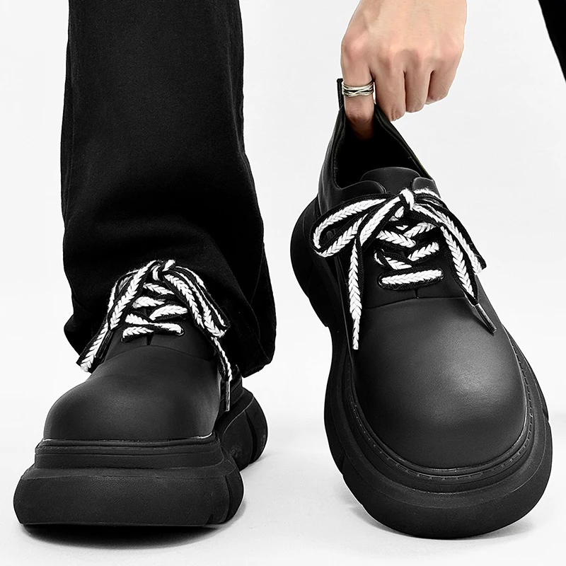 British style men's casual business wedding original leather shoes lace-up derby shoe matte black platform sneakers man footwear