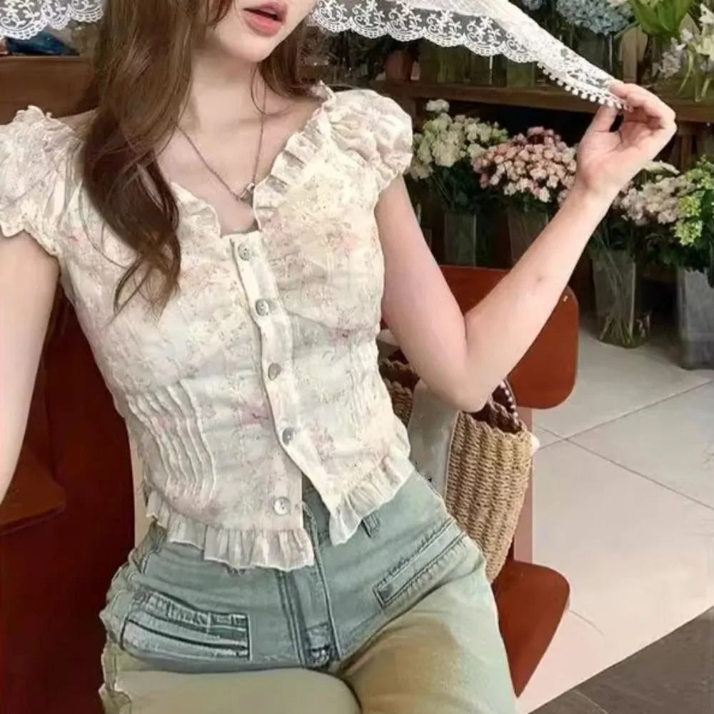 

Pleated Puff Sleeve Crop Top Off Shoulder Slim Fit Embroidered Floral T-shirt Spicy Girl Ruffle Sweet Top Women Summer