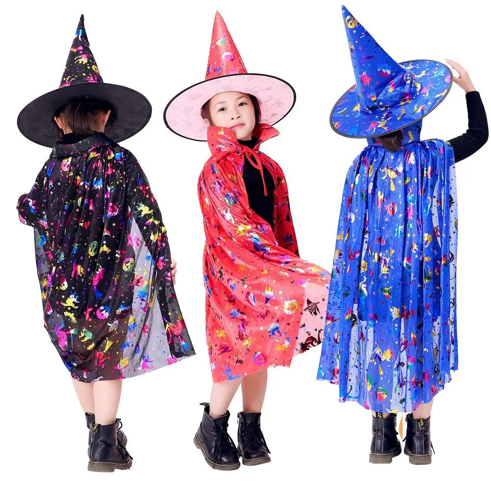 Gothic Stern Hexenumhang Umhang mit Hut Pailletten Mehrfarbig Halloween Kleidung Umhang Sets mit Zauberer Hut Hexenumhang Umhang Robe Jungen