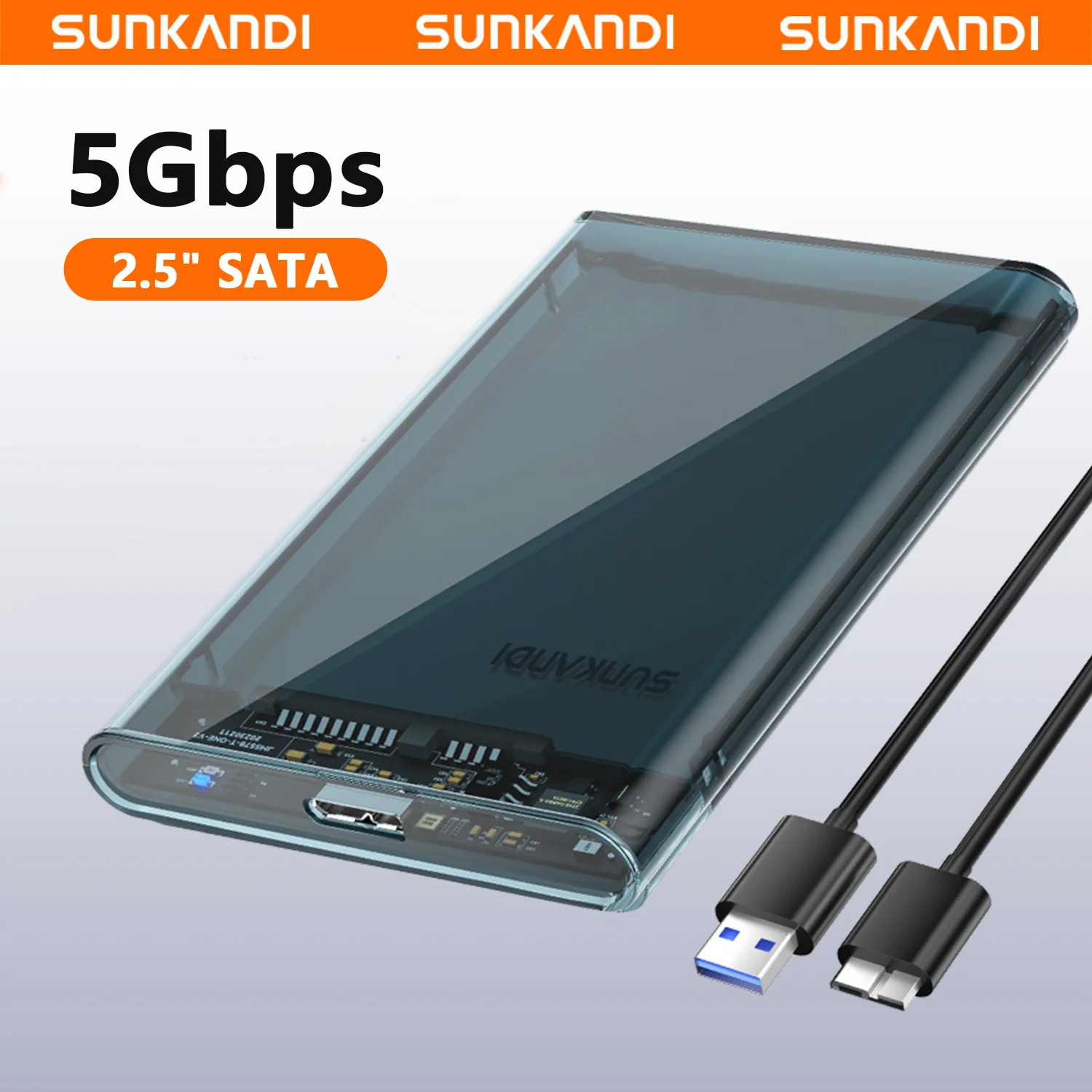 SUNKANDI 2.5'' External Hard Drive Enclosure USB 3.0 to SATA III Tool-Free Clear Hard Disk Case for 2.5 inch 7mm 9.5mm SATA HDD