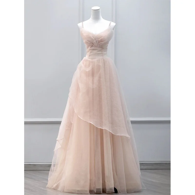 Sweet V-neck Spaghetti Strap Evening  Simple Pink Princess Prom Gown Noble Shinning Fairy Ceremony Suknie Wieczorowe  Customized