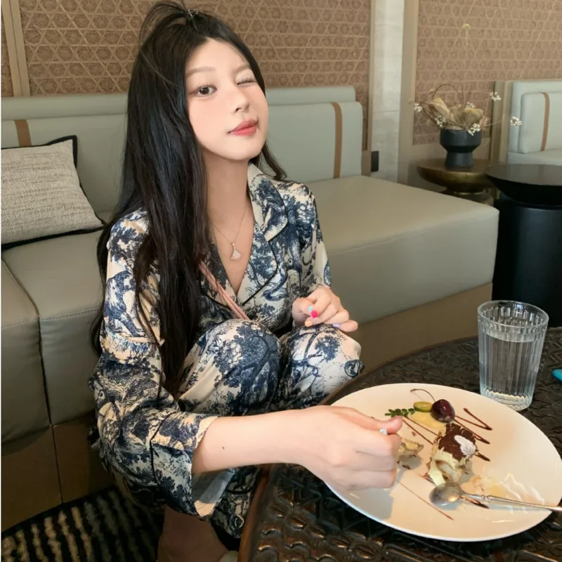 

2026 Spring Autumn Blue New Ice Silk Women Pajamas 3Piece Set Camisole Print Long Sleeve Pants Loungewear Nightwear Homewear