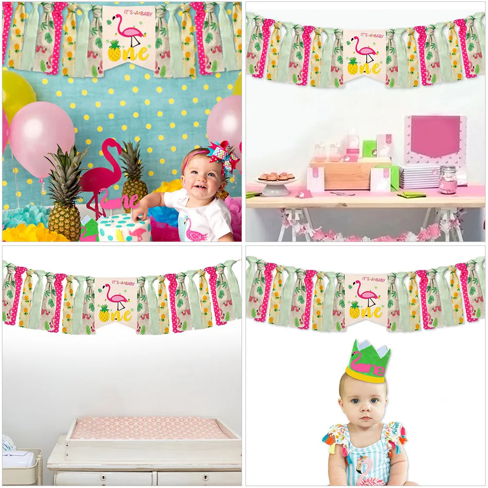 1Pcs Hawaiian Party Banner Pineapple Flamingo Tropical Theme Linen Bunting Decoration for Home Office Birthday Celebration Party