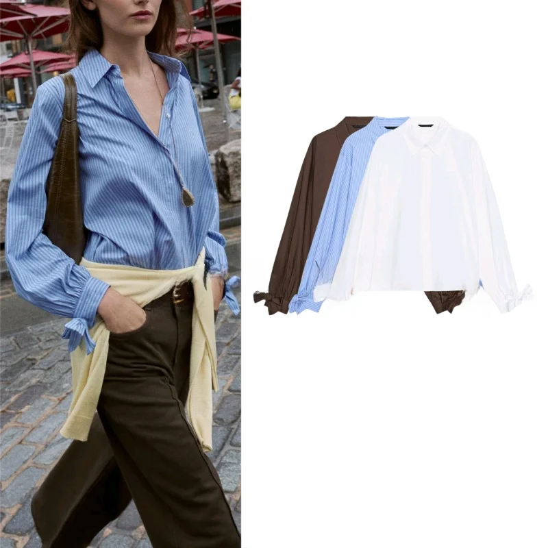 Damska bluzka jesienna, luźna, długa, z węzłem, ozdobna, antung irt, codzienna, wygodna, oddychająca, bawełniana...