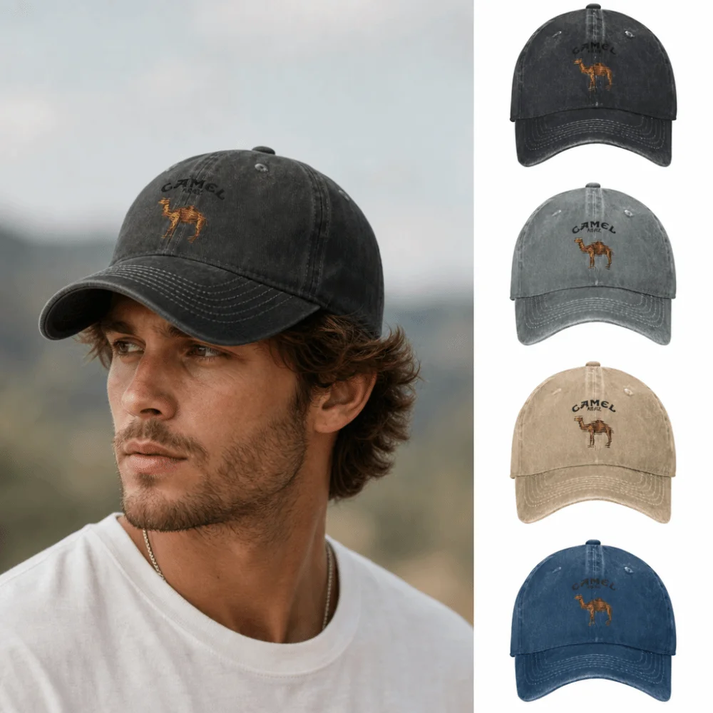 Vintage Adjustable Camel Print Baseball Cap Curved Brim Sun Protection Washed Cotton Cap Breathable Dad Hat For Men Women