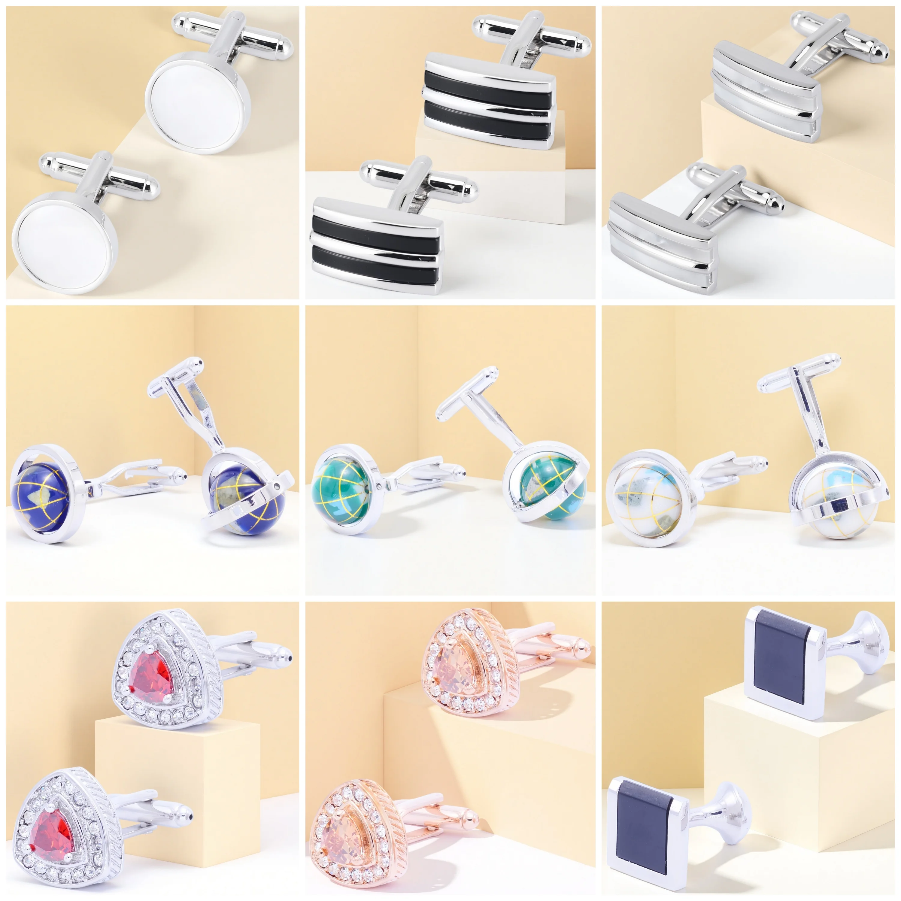 Annlyy Fashion Globe Stone Crystal Shell Mens Cufflinks Cuff Links