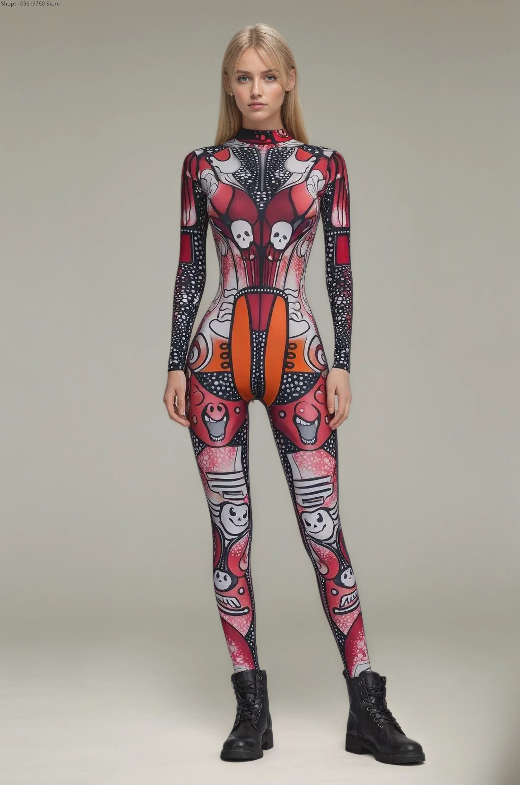 Women Gothic Skeleton Abstract Print Skinny Jumpsuit Long Sleeve High Neck Bodysuit Halloween Carnival Party Cosplay Costume