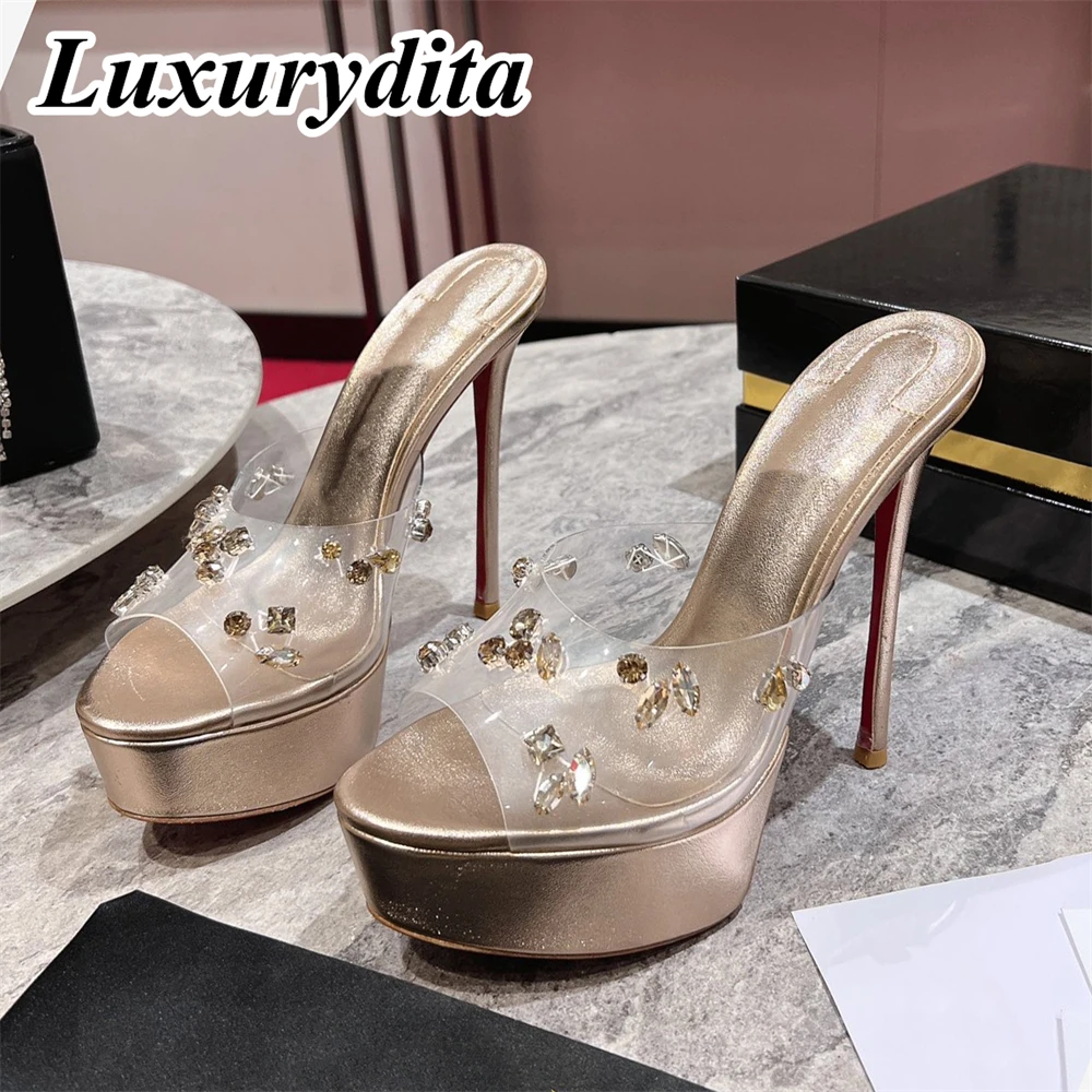 

LUXURYDITA Women Sandal Luxury 15CM High Heels Designer Customize Red Heel Degraqueen Socialite Dinner Wedding slipper H1073
