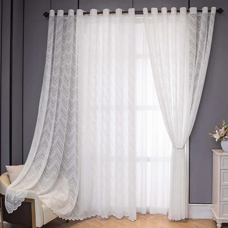 Modern simple mirror veil curtains striped bay window living room bedroom balcony sun protection white curtains